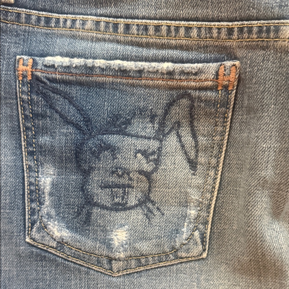 7 For All Mankind Blue Denim Mini Skirt with Graphic Pockets - Picture 3 of 5
